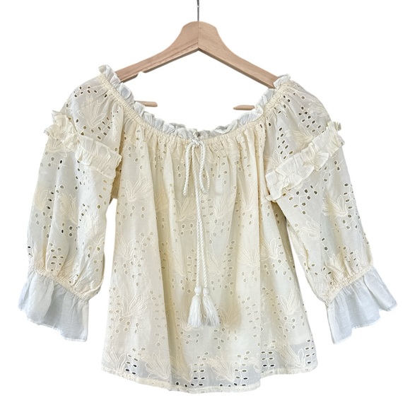 Anthropologie Seen Worn Kept Flora Eyelet Lace Off Shoulder Cream Blouse - Picture 5 of 12